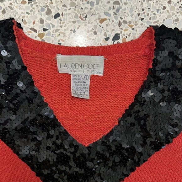 Red Lauren Cole silk angora sequin bow front sweater puff sleeve small s petite - Picture 2 of 5